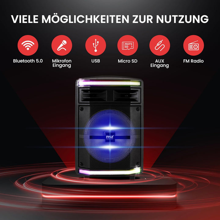 Pyle Partybox - Bluetooth Lautsprecher Gross, PA Anlage, Musikbox, Karaoke Box, 600W, 10" Subwoofer,