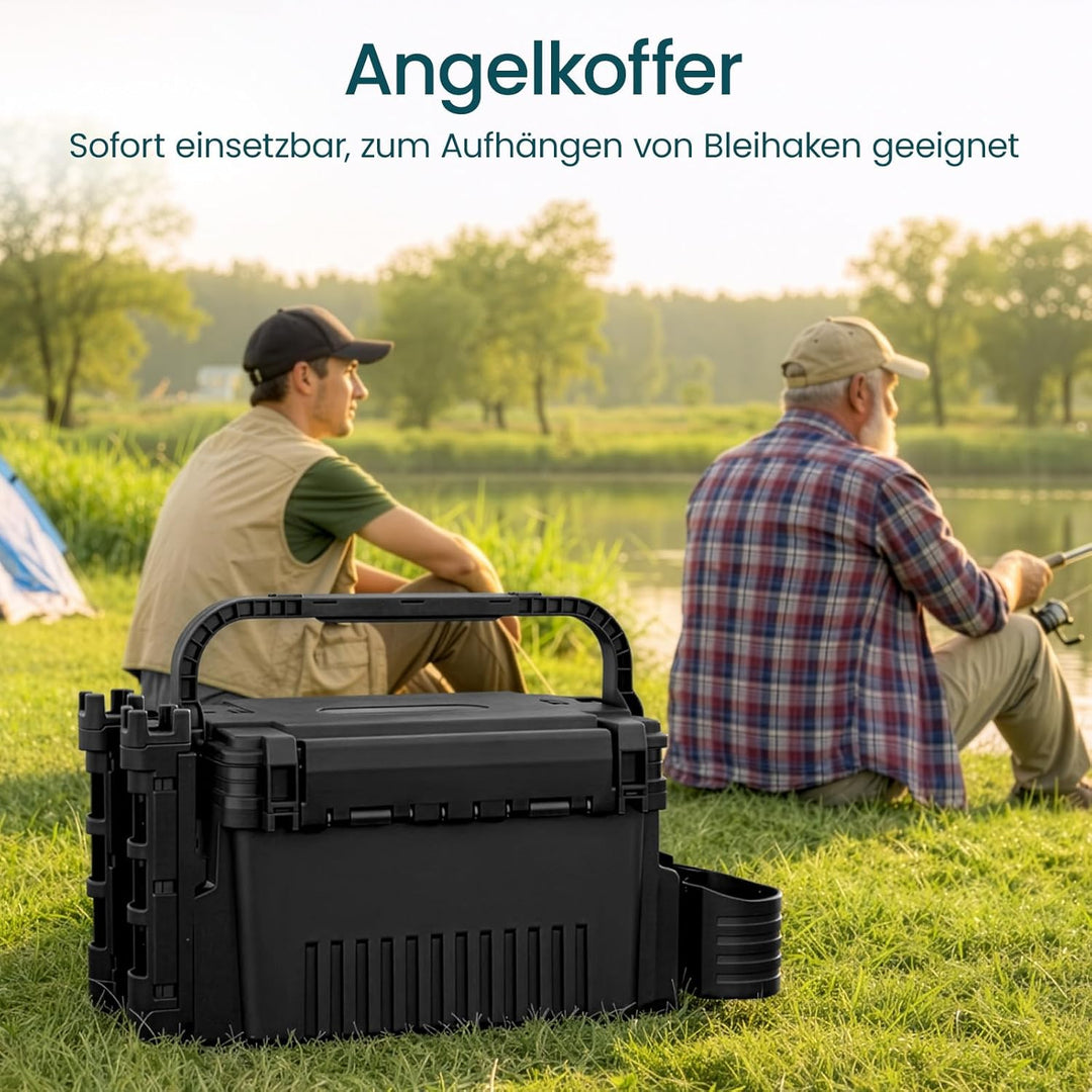 2-stöckig Gross Angelkoffer Tackle Box mit Rutenhalter & Becherhalter, klappbarem Tragegriff, 43×23×