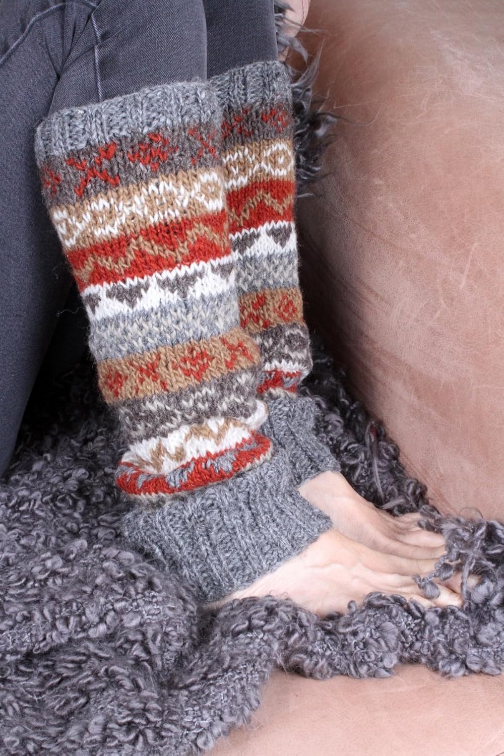 Pachamama Damen Legwarmer Finisterre Wolle grau individuell handgestrickt in Nepal