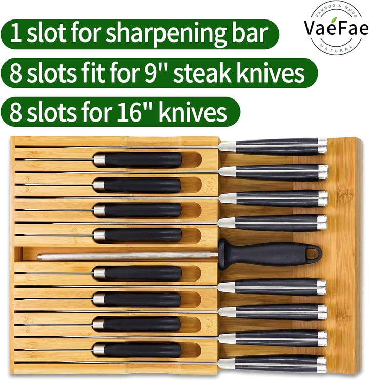 VaeFae In-Drawer Knife Block,Bambus Messer Schublade Organizer Insert, Küchenmesser-Schublade zur Au