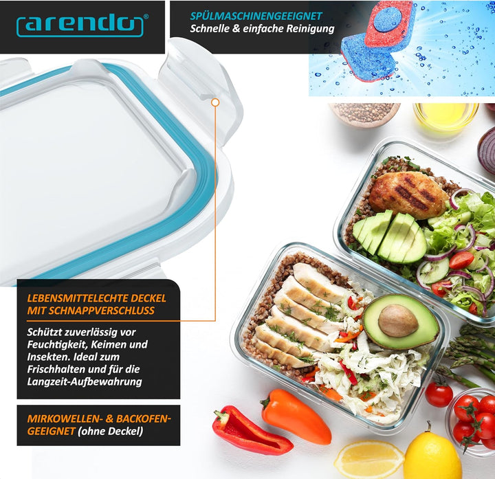 Arendo - Glas Frischhaltedosen Vorratsdosen für Lebensmittel mit Deckel luftdicht - 5er Set - 1050 m