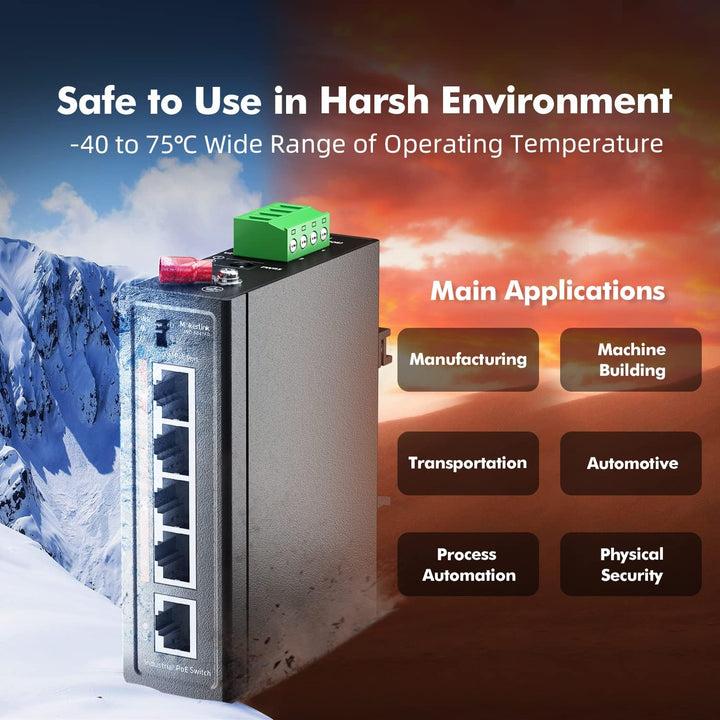 MokerLink 5 Port PoE+ Industrieller DIN-Schienen-Switch, 4 Ports PoE+ IEEE802.3af/at, 1 Uplink, 10/1