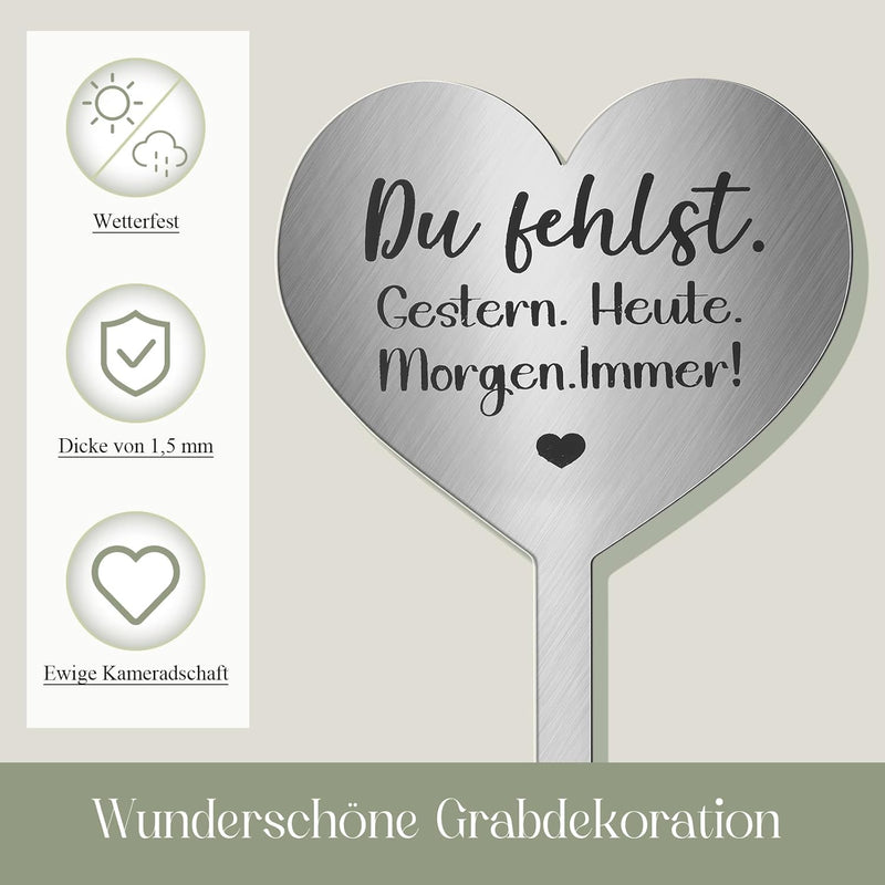 Photect Grabstecker Edelstahl Herz mit Spruch du Fehlst.GESTERN. Heute. Morgen. Immer! Herz Grabdeko