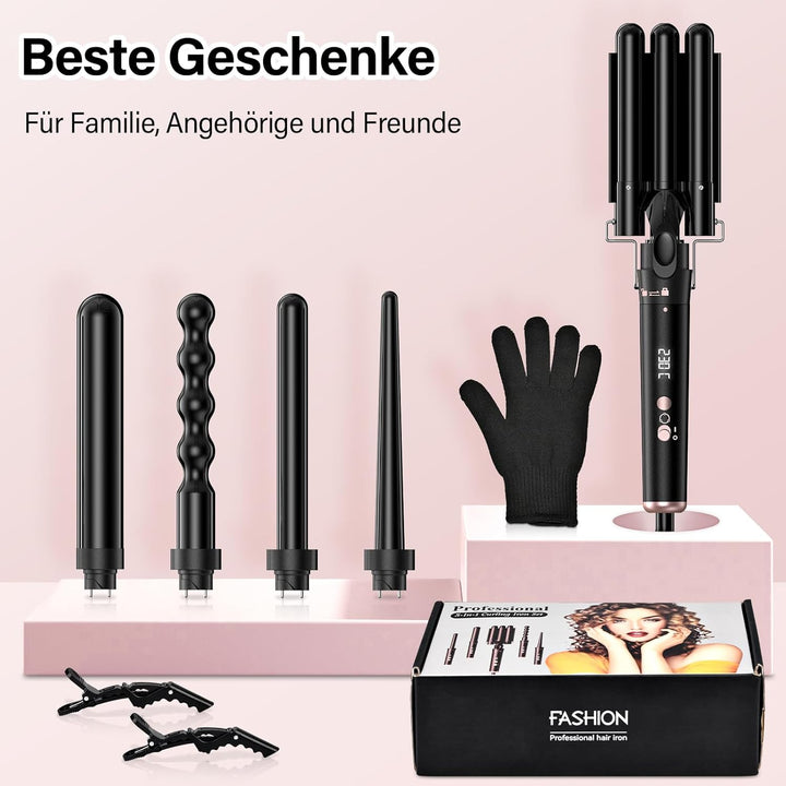 5 in 1 Lockenstab Set mit 5 Aufsätzen, Welleneisen für grosse, mittlere & kleine Locken, Einstellbar