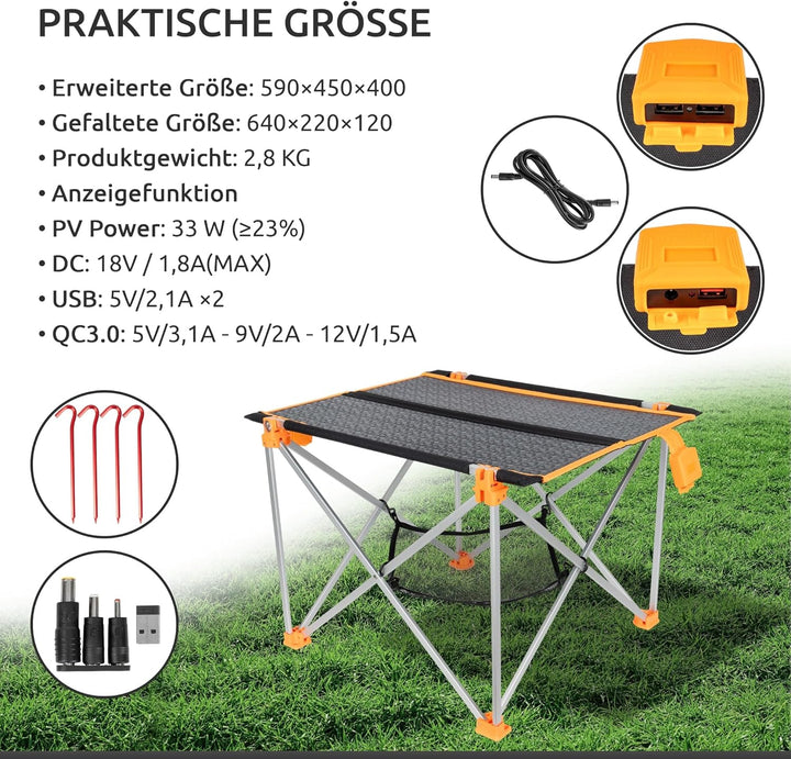 Solar Campingtisch faltbar klein leicht I 33W Solarpanel USB und Klapptisch I Outdoor Ausrüstung Ult