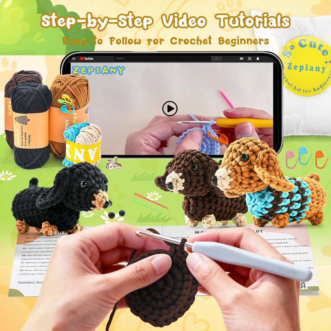 Häkelset für Anfänger, Amigurumi Dachshund Häkelset Tiere Crochet Kit, Alles in Einem Häkeln für Anf