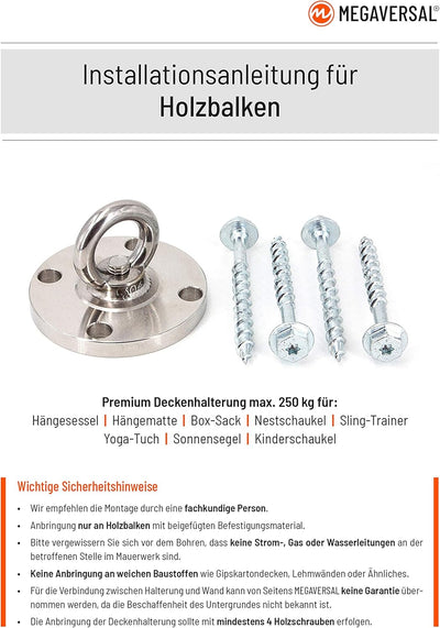 MEGAVERSAL Edelstahl Halterung für Holzbalken bis 250 kg | Befestigung Aufhängung für Hängesessel Hä