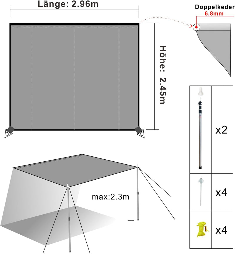 Dulepax vorzelt wohnwagen Sonnensegel Markise mit keder，auto camping markisen, 3000mm Wasserdicht un