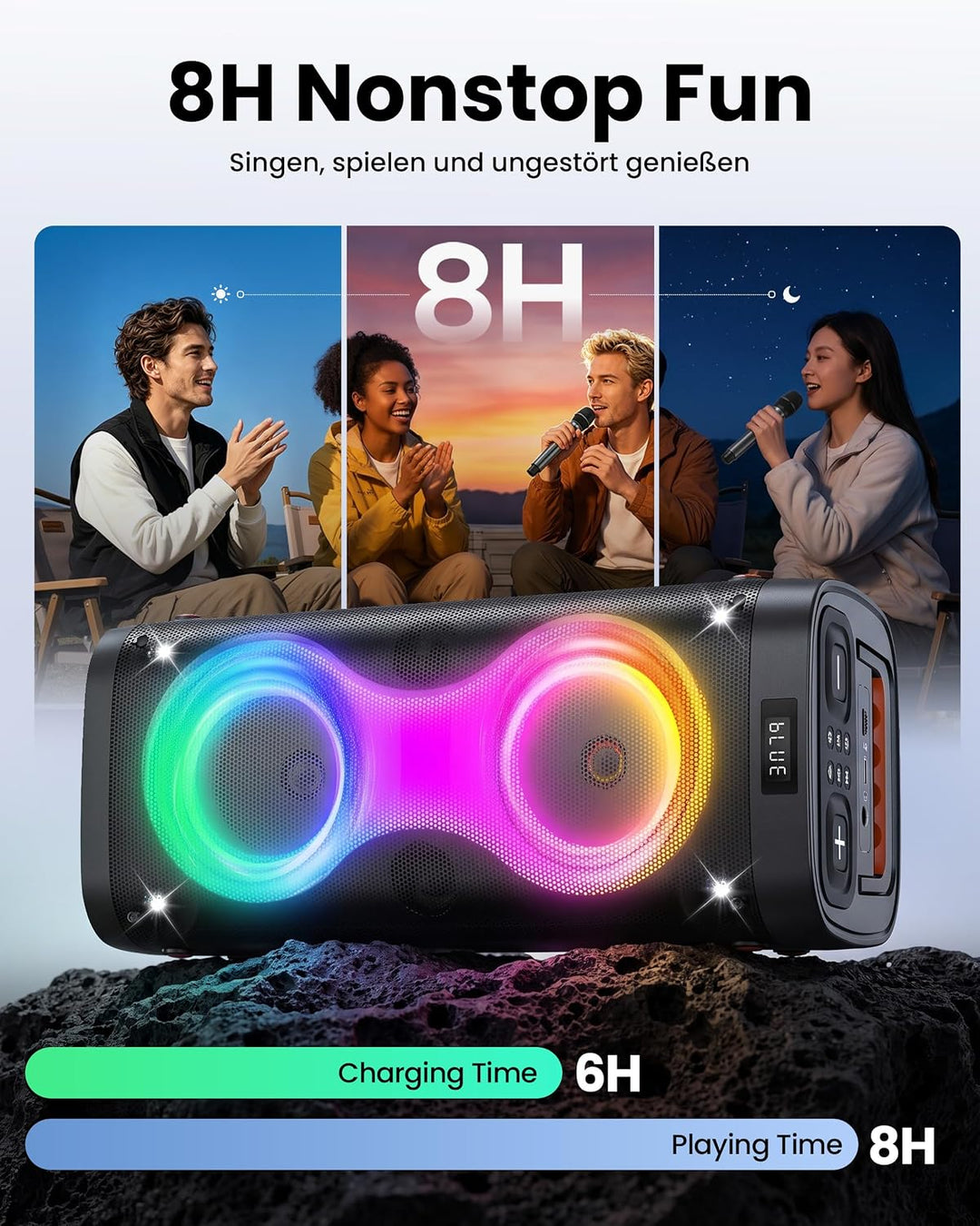 Ankuka Bluetooth Lautsprecher grosse, Partybox mit BT 5.3, 6 Lichtmodi, Mikrofonanschluss, TWS, AUX-