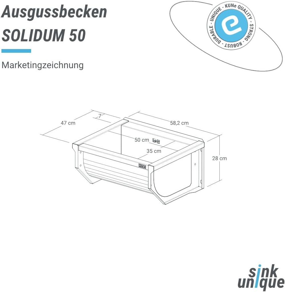 KUNe SOLIDUM 50 - Ausgussbecken Edelstahl zur Wandmontage - Aussenmasse 58 x 47 x 28 (BxTxH) cm 58.2