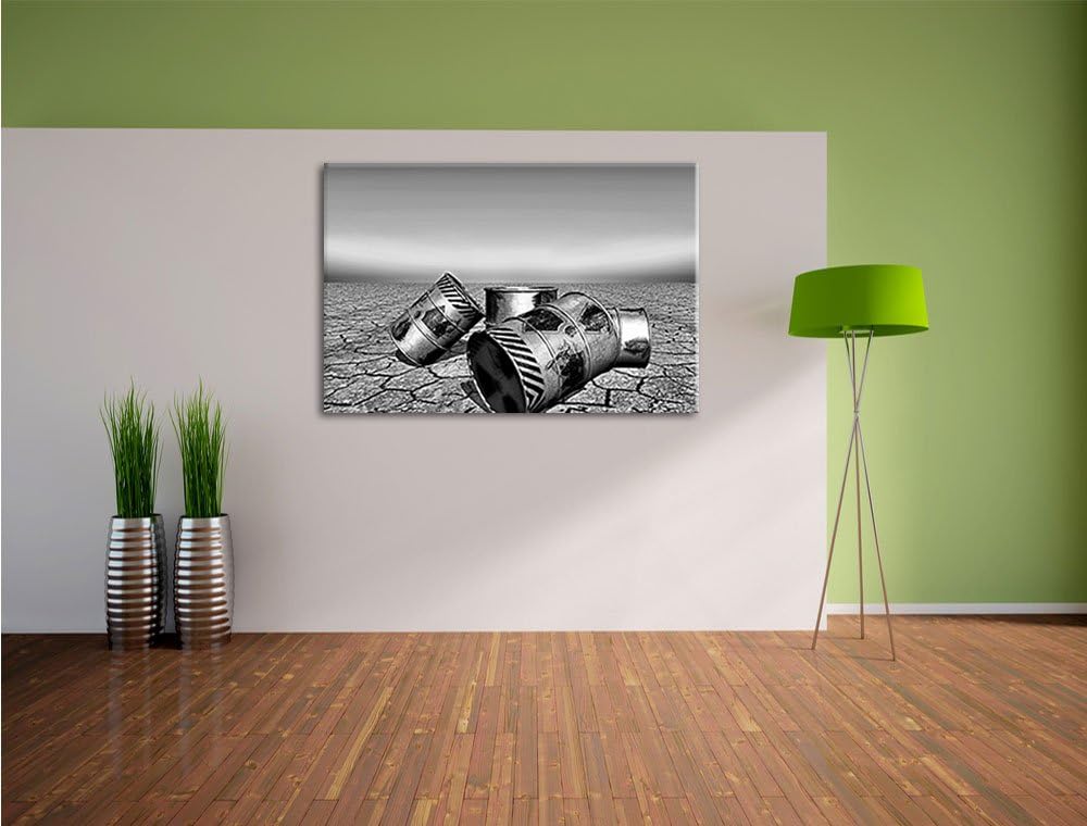 Pixxprint Monocrome, Atommüllfässer in ausgetrockneter Wüste als Leinwandbild | Grösse: 100x70 cm |
