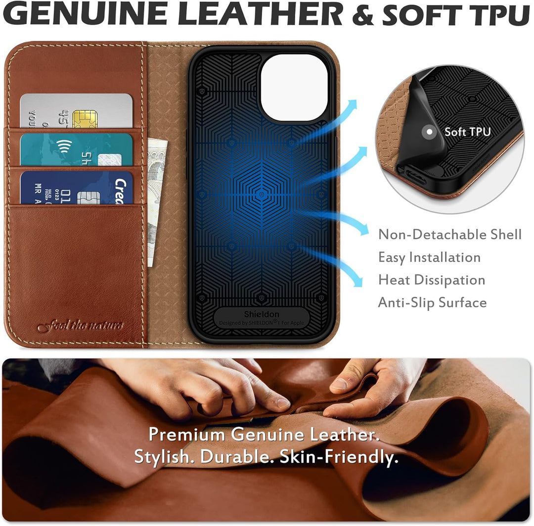 SHIELDON Hülle für iPhone 15, Lederhülle [Echtleder] [RFID Blocker] [Kartenfach] [Magnet] TPU Stossf