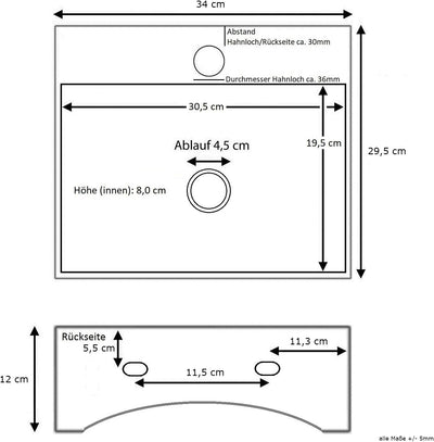 NEG Waschbecken Uno44H (extra klein/eckig) Hänge-Waschschale/Waschtisch (weiss) mit schmalem Rand un