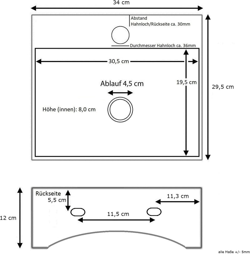 NEG Waschbecken Uno44H (extra klein/eckig) Hänge-Waschschale/Waschtisch (weiss) mit schmalem Rand un