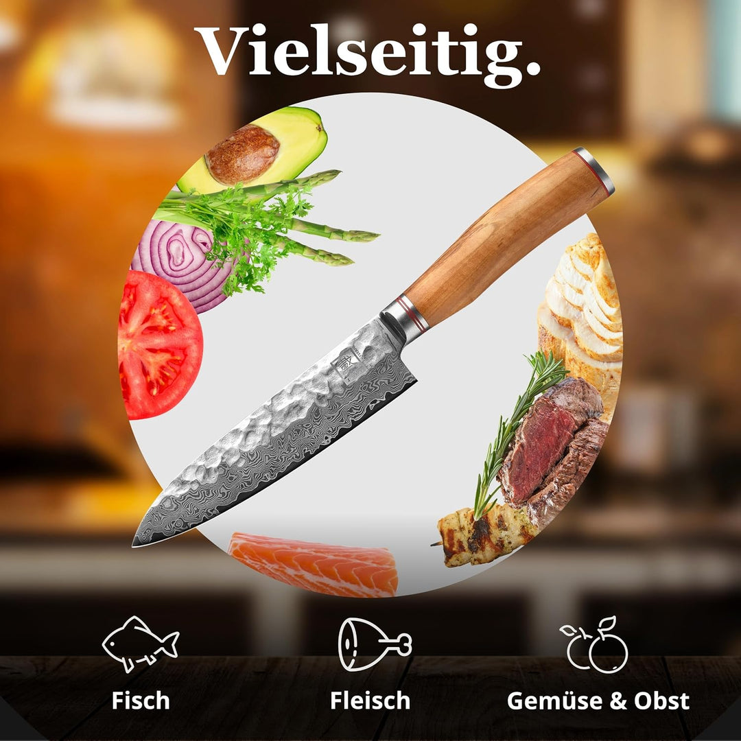 Zayiko Olive Damastmesser Santoku Messer 17,50cm Klinge extrem scharf aus 67 Lagen I Damast Küchenme