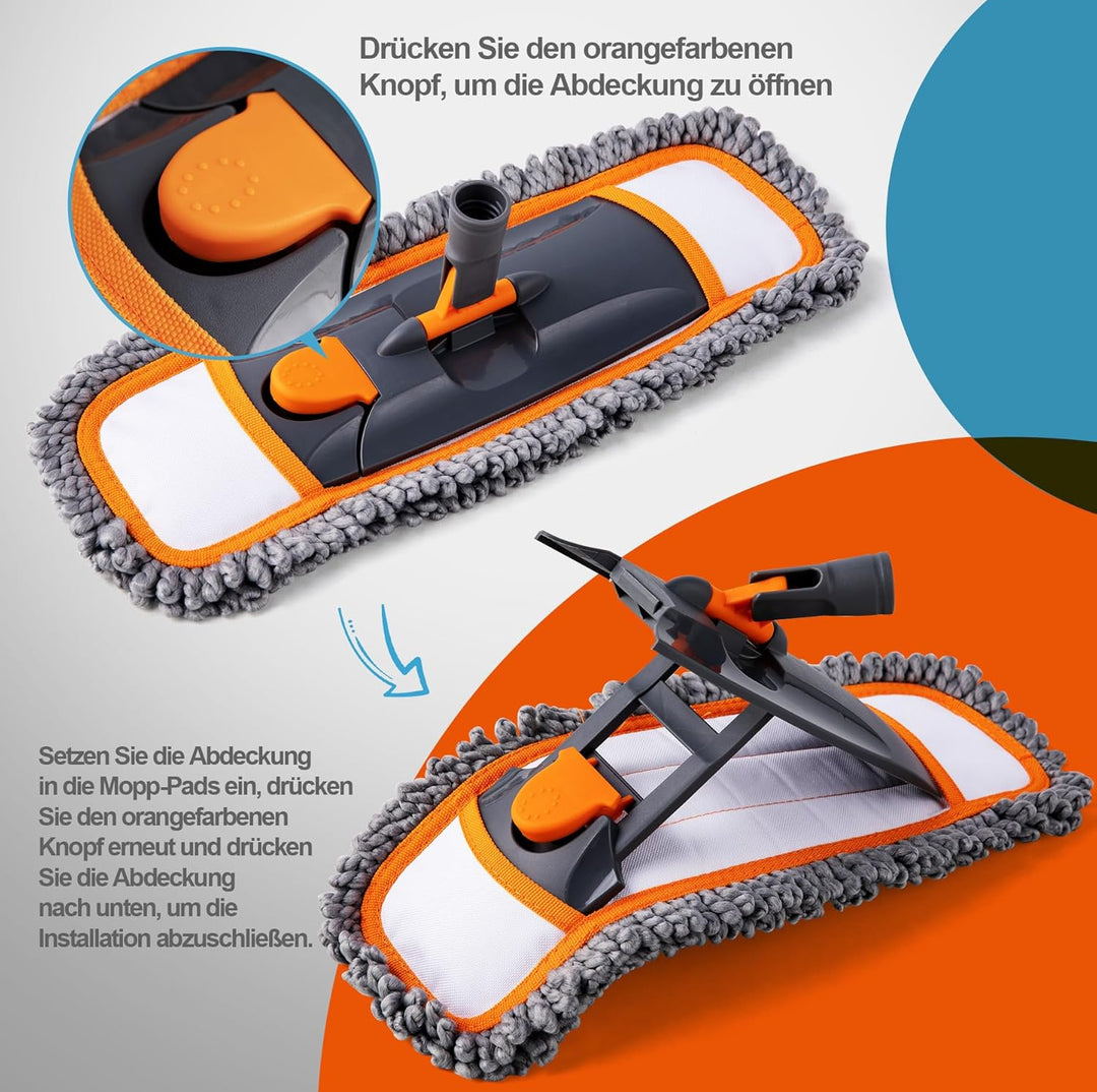 CLEANHOME Bodenwischer Set mit 3 Waschbare Fasermopp-Pads und Ausziehbaren Langen Stiel（112-140CM）,