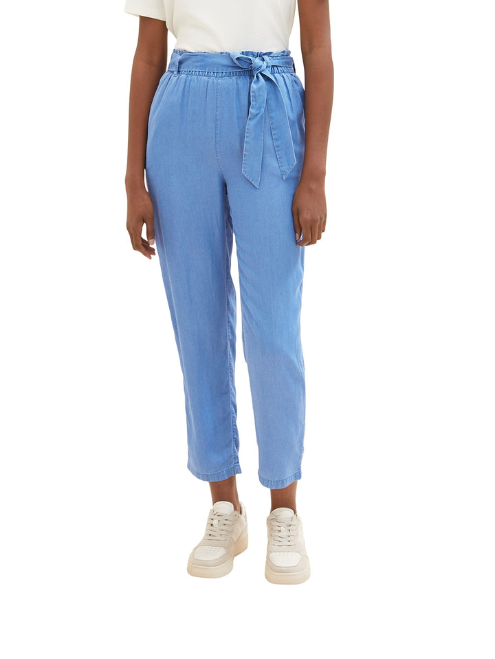 TOM TAILOR Denim Damen Tapered Relaxed Fit Paperbag Hose mit Bindegürtel S 12328 - Bright Mid Blue C