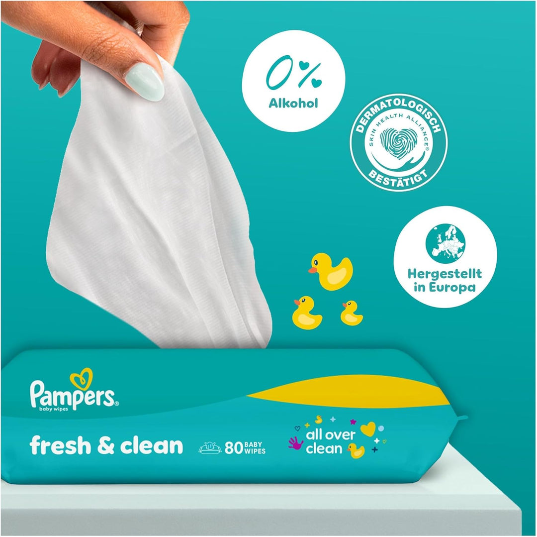 Pampers Fresh Clean Feuchttücher, 12 Packungen mit 80 Stück (960 Stück), zart duftende Reinigung auc