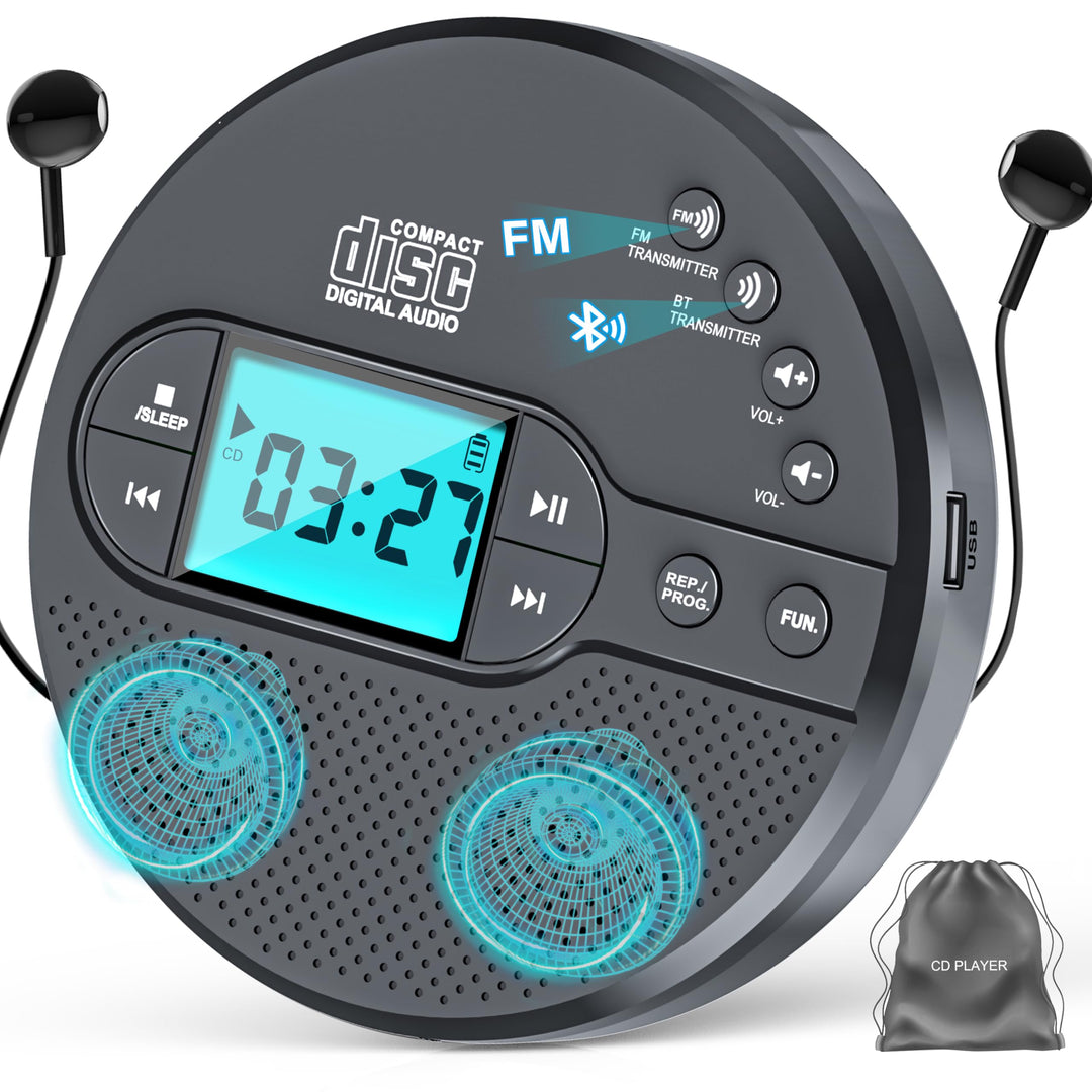 Walkman CD-Player mit Bluetooth - 2000mAh Wiederaufladbarer Discman CD-Player mit FM-Transmitter, Ko