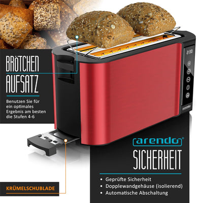 Arendo - Edelstahl Toaster Langschlitz 4 Scheiben- Touchscreen – Doppelwandgehäuse – Integrierter Br