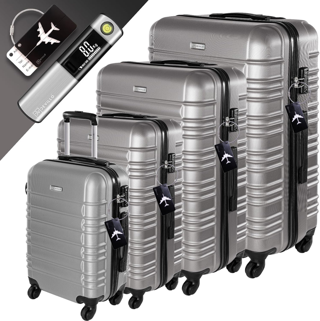 Devillo® Hartschalenkofferset Kofferset 4tlg. S-M-L-XL, Silber - Hard Shell Trolley Koffer Reisekoff
