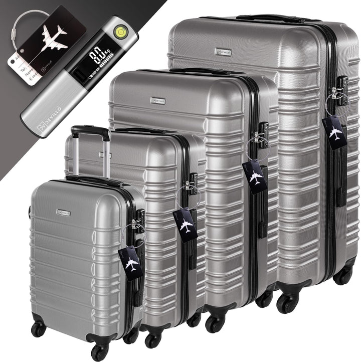 Devillo® Hartschalenkofferset Kofferset 4tlg. S-M-L-XL, Silber - Hard Shell Trolley Koffer Reisekoff