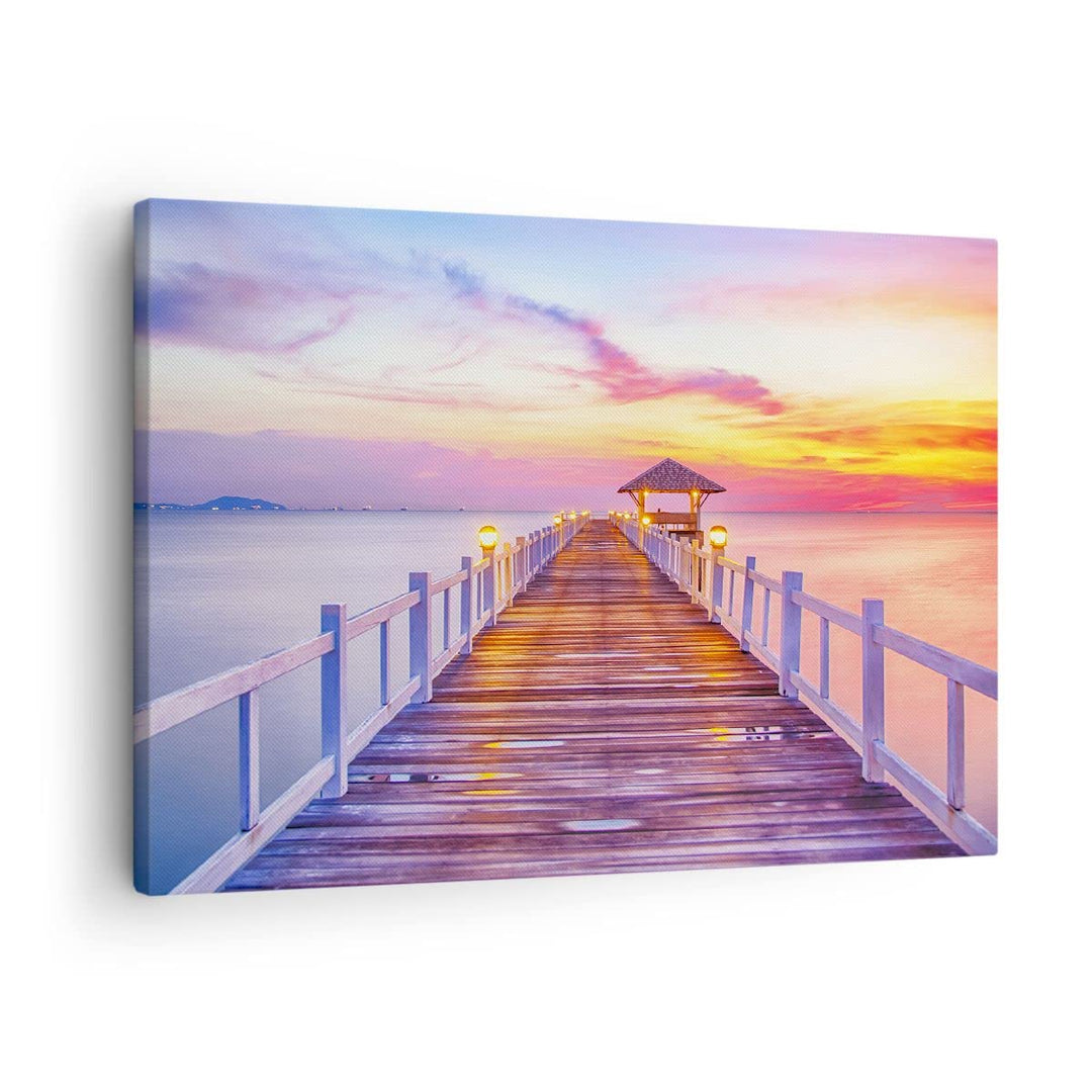 Bilder auf Leinwand Sonnenuntergang Wasser Brücke Horizont Leinwandbild 70x50cm Wandbilder Dekoratio
