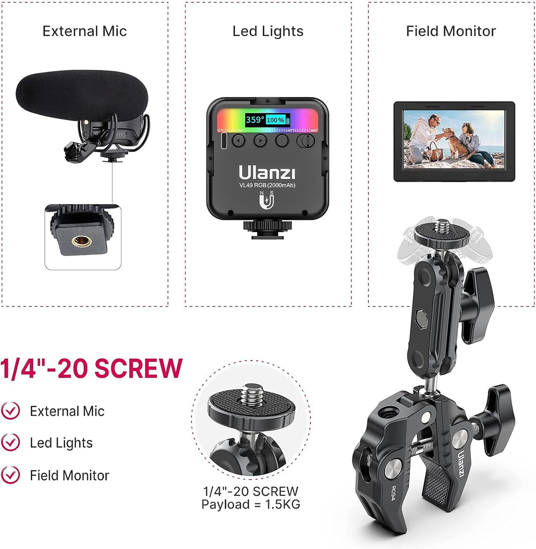 ULANZI R094 Klemmstativ Kamera, Magic Arm mit Super Clamp Crab und 360° Doppelkugelkopf mit 1/4" & 3
