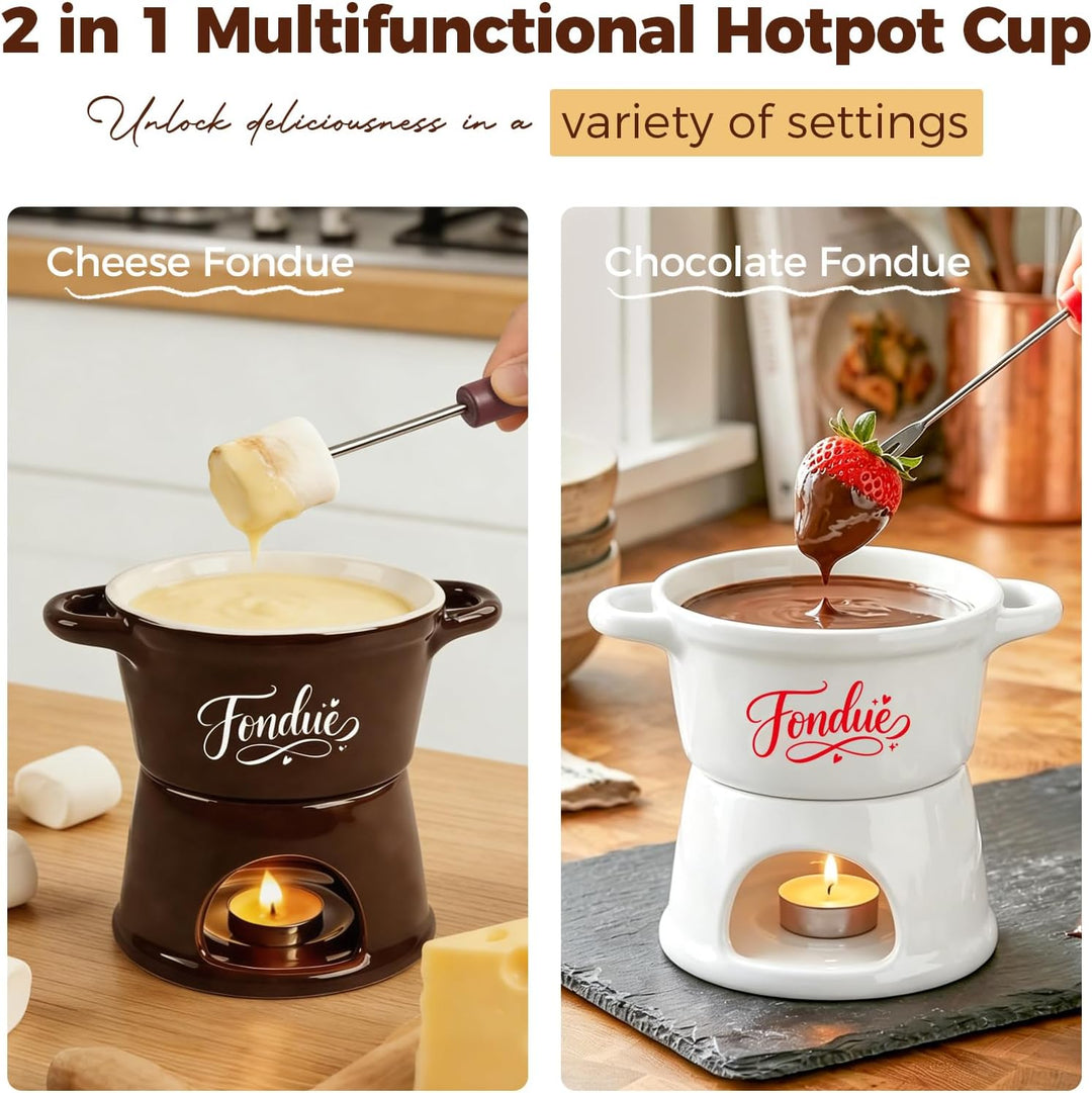Yoassi 2 Stück Keramik Käsefondue Set, Mini Schokoladenfondue Tasse, Käsebecher mit 8 Gabeln, Schmel