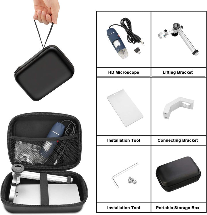Jiusion HD 2MP USB Digitalmikroskop 40-1000X Tragbare Vergrösserungs-Endoskopkamera mit 8 LEDs Stabi