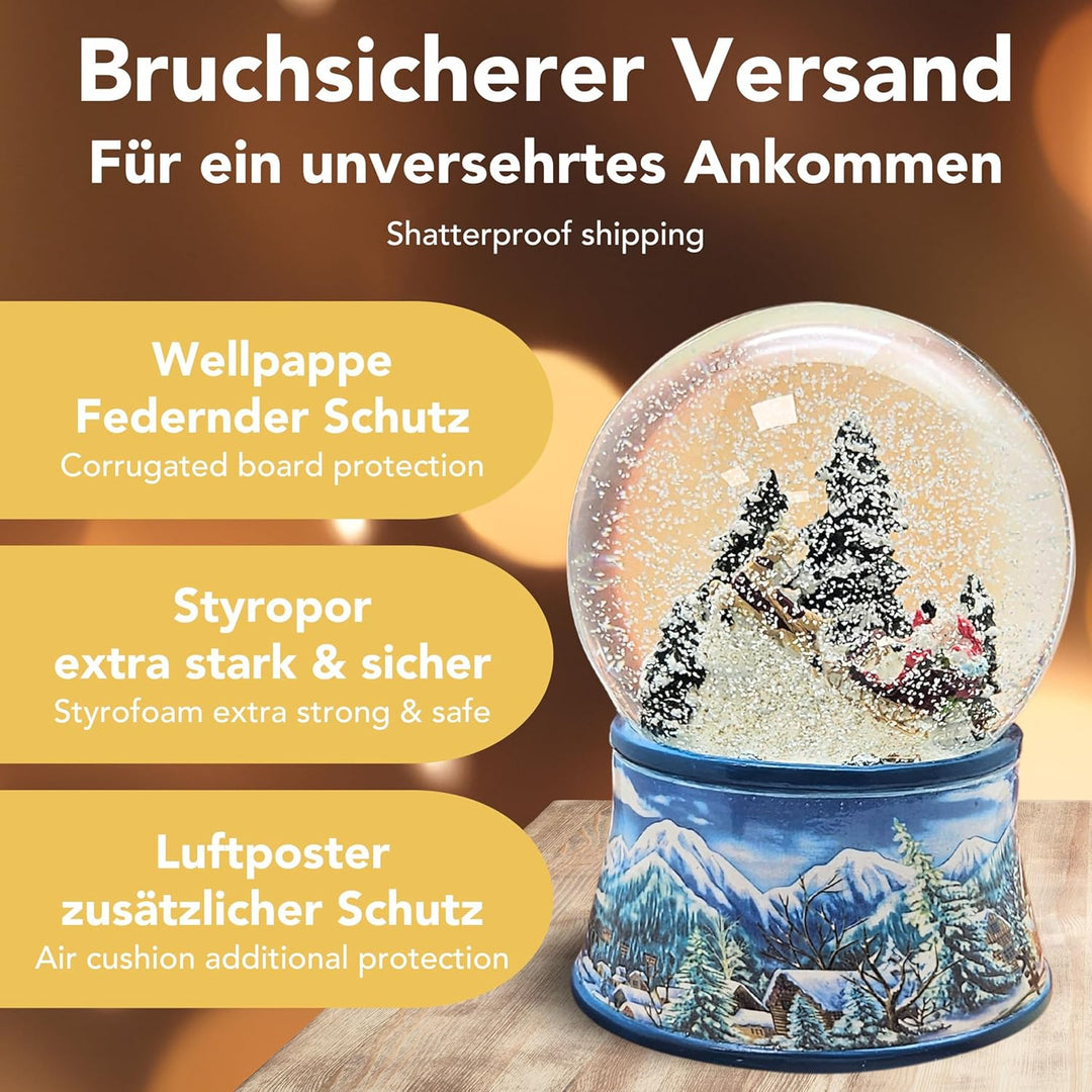 Schneekugel Weihnachten Spieluhr | Weihnachtsmann im Schlitten | Sockel Winterlandschaft hellblau |