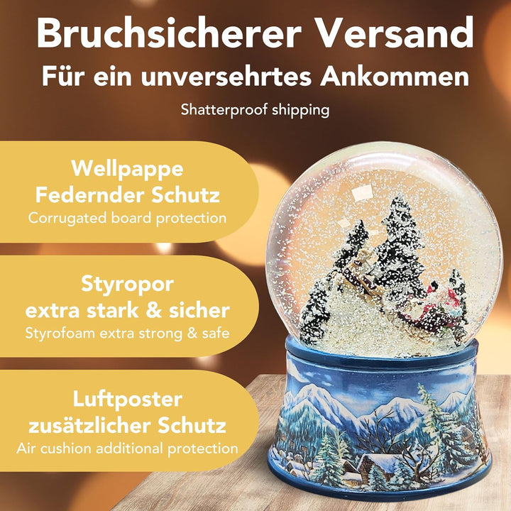 Schneekugel Weihnachten Spieluhr | Weihnachtsmann im Schlitten | Sockel Winterlandschaft hellblau |