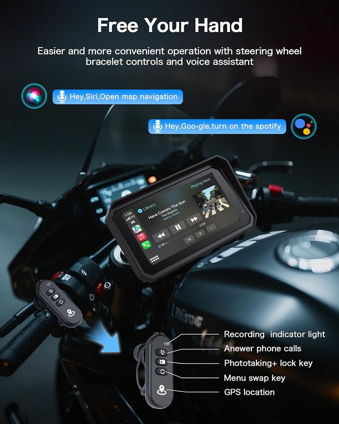 Jansite 4K Motorrad CarPlay Android Auto 6,25 Zoll Motorrad Navi mit Dashcam Vorne Hinten, IP67 Wass