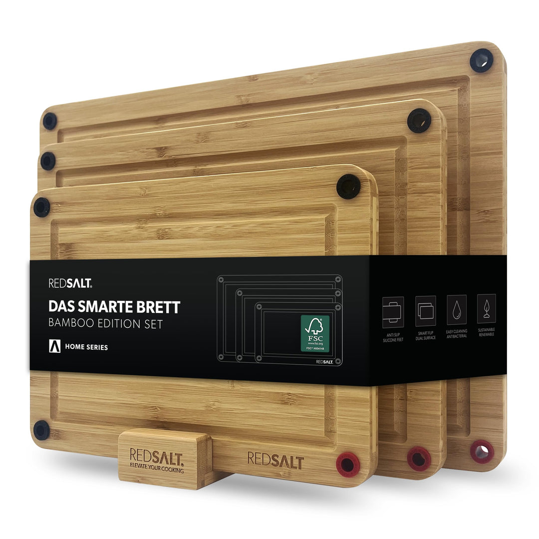 REDSALT® innovatives Bio Bambus Holz Schneidebrett 3er Set rutschfest | 38x26 32x22 26x18cm Holzbret