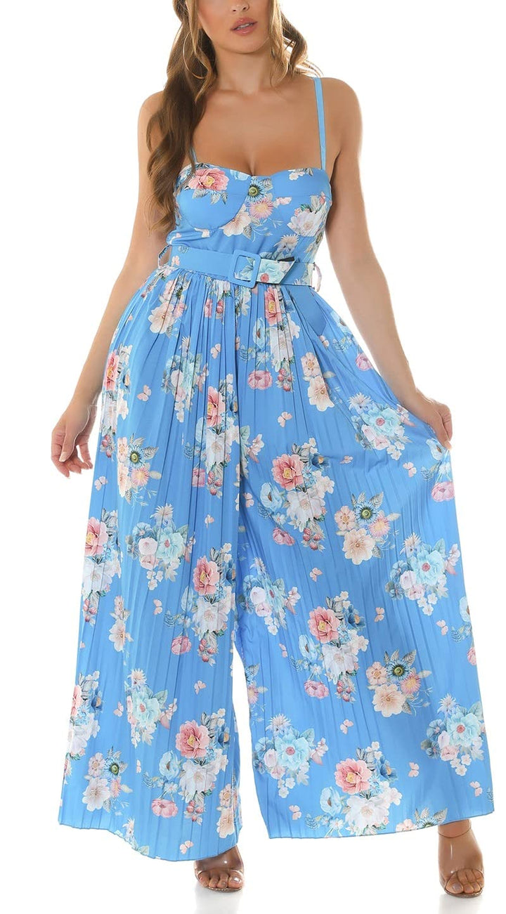 Koucla Flower Printed Plissee Extreme Marlene Jumpsuit Overall mit Gürtel Einheitsgrösse Blau, Einhe