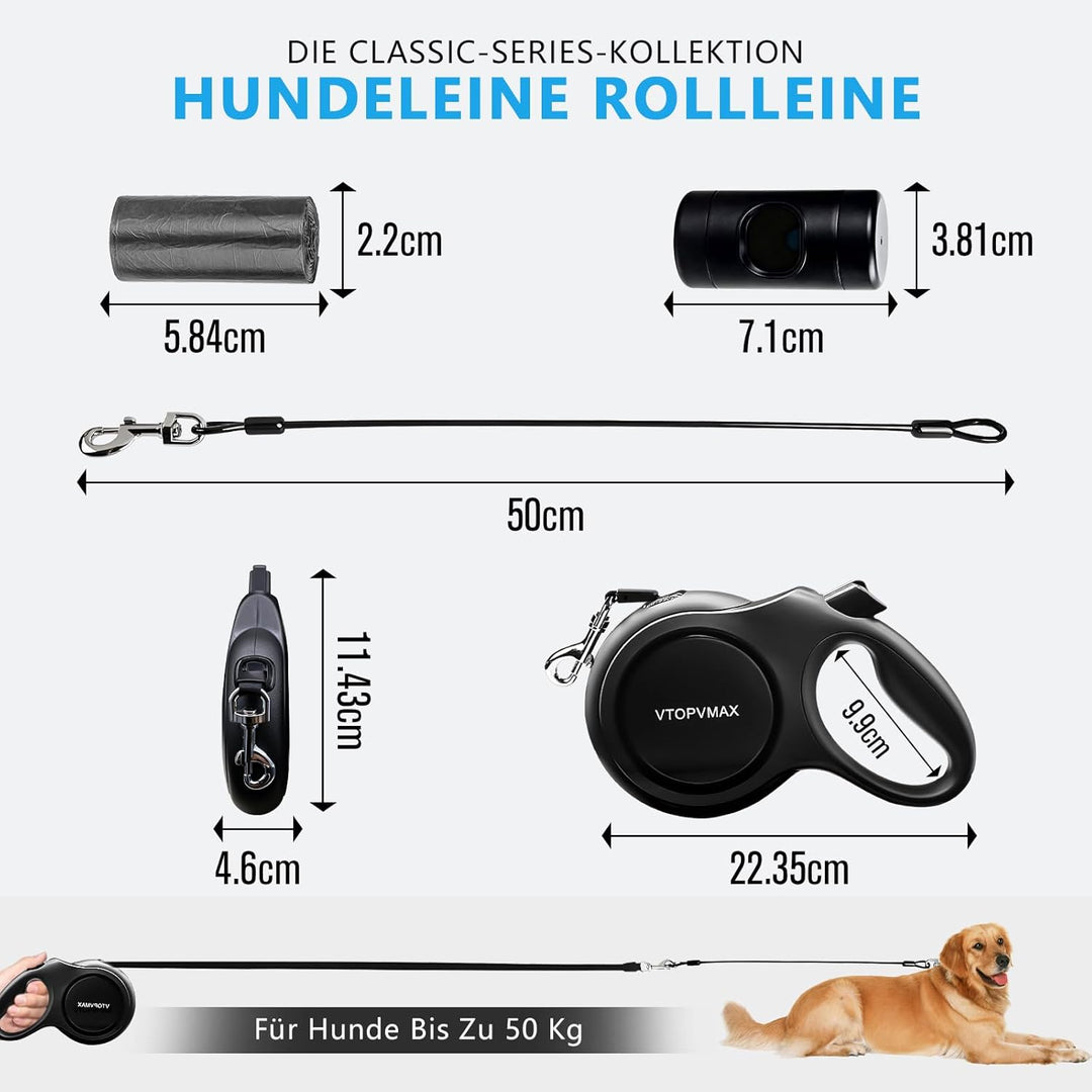 Rollleine 8m - Ausziehbare Hundeleine für Mittelgrosse/Grosse Hunde bis 50kg, Starke Leine mit Kausi