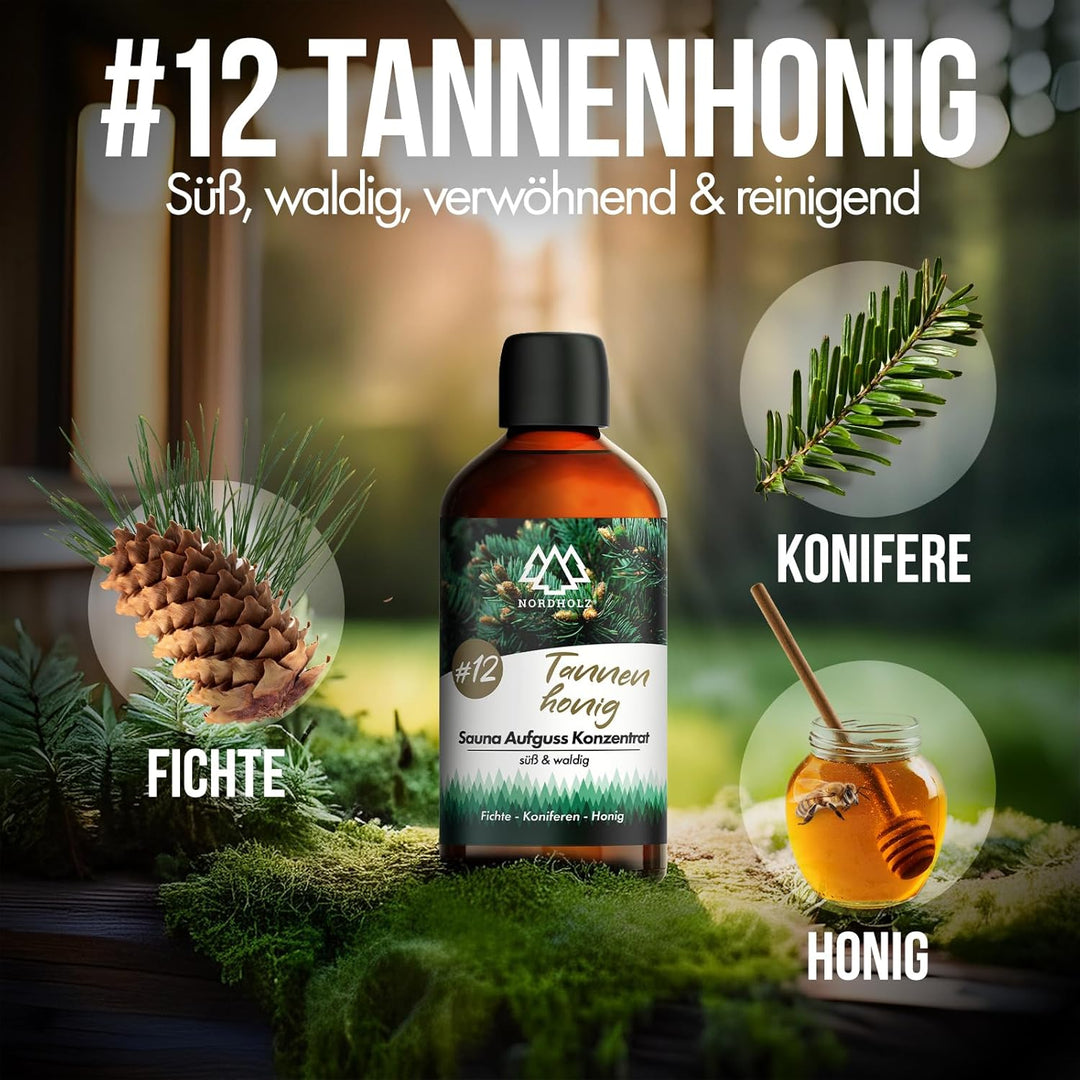 NORDHOLZ® Saunaaufguss [54 Sorten 15ml, 100ml, 250ml] - Sauna Aufgussmittel für intensive &amp; erholsam