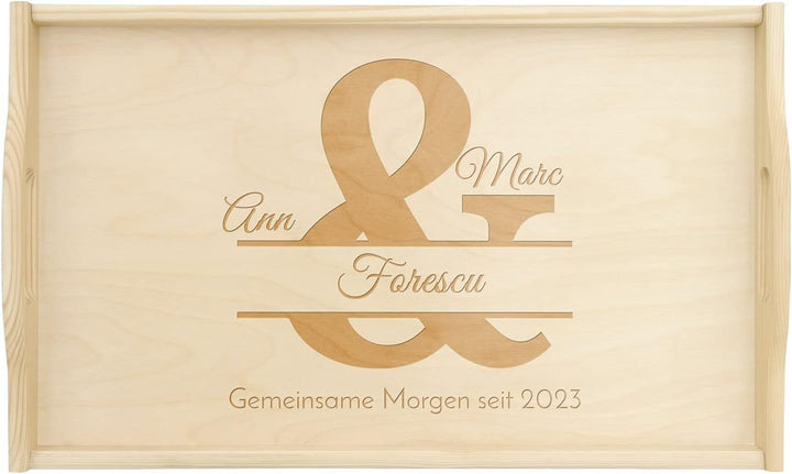 Maverton Serviertablett mit Gravur - für Zwei - Tabletttisch mit Griffen - klappbare Beine - erhöhte