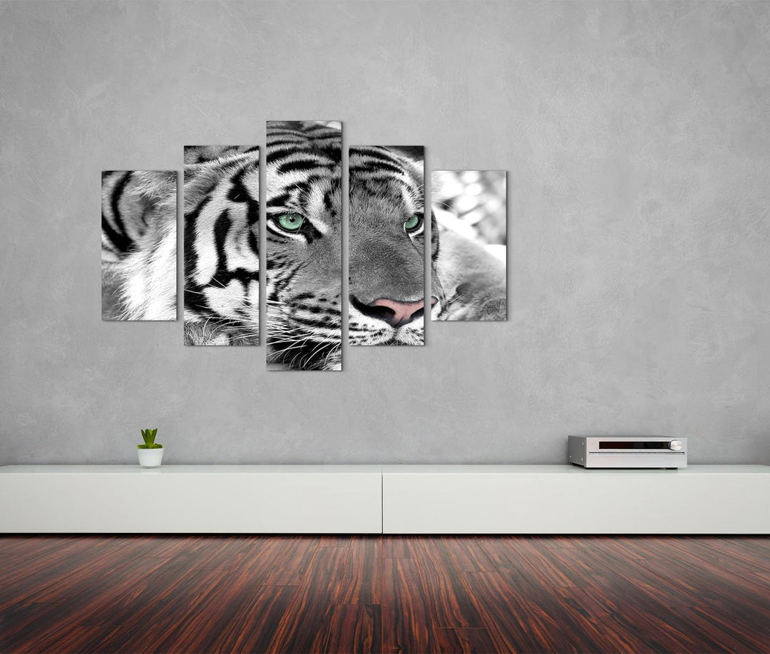 Sinus Art Leinwandbild 150x100cm Künstlerische Fotografie – Weisser Tiger mit grünen Augen 5 teilig