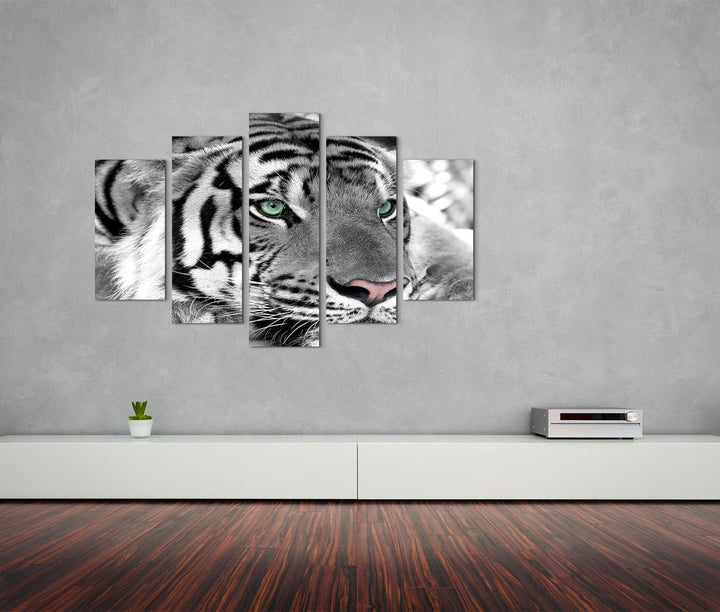 Sinus Art Leinwandbild 150x100cm Künstlerische Fotografie – Weisser Tiger mit grünen Augen 5 teilig