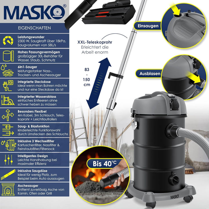 MASKO® 6IN1 Industriestaubsauger Staubsauger Nass Trocken Sauge Aschesauger 2300W + Steckdose✓ Blasf
