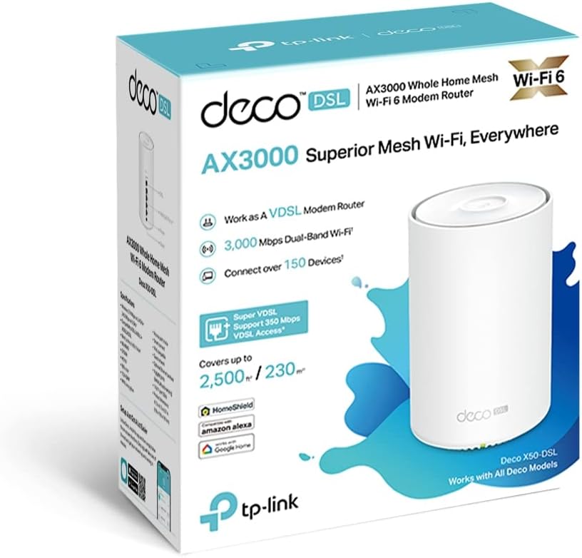 TP-Link Deco X50-DSL AX Modem Router, Mesh Wi-Fi 6 Dual-Band AX3000Mbps, VDSL2 Profil 35b bis zu 350