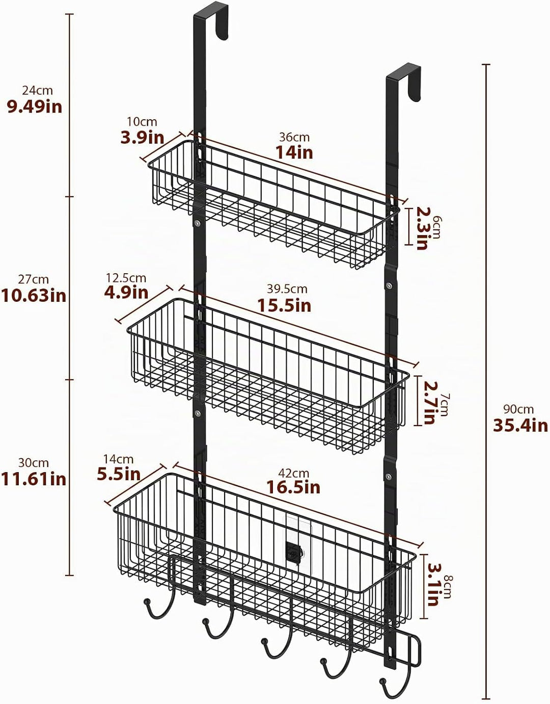 YBING Tür-Organizer mit Haken, 3-stöckig, Handtuchaufhänger, Körbe, Metall, hinter hängendem Aufbewa