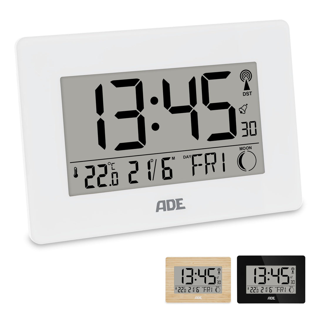 ADE Grosse Funkuhr digital mit XXL-Ziffern | Tischuhr mit Kalender und Wochentag | Digitale Uhr mit