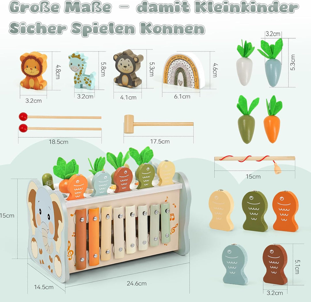 Montessori Spielzeug ab 1 Jahr, 6 in 1 Holzspielzeug ab 1 Jahr, Motorikspielzeug mit Hammerspiel Ang