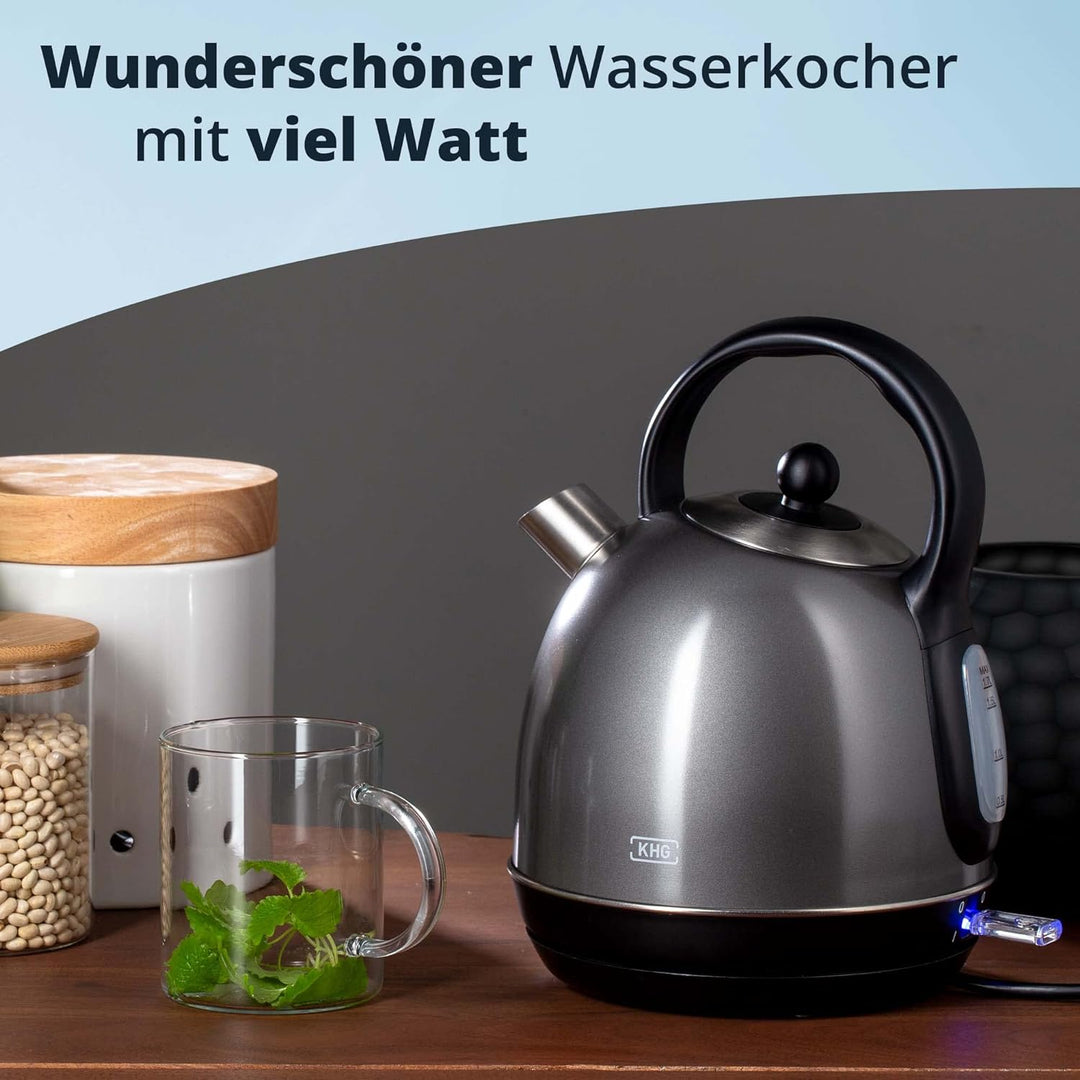 KHG WK-1711 (DG) Wasserkocher Retro 1,7 Liter | Kessel-Wasserkocher in Grau | 360° Sockel | Kalkfilt