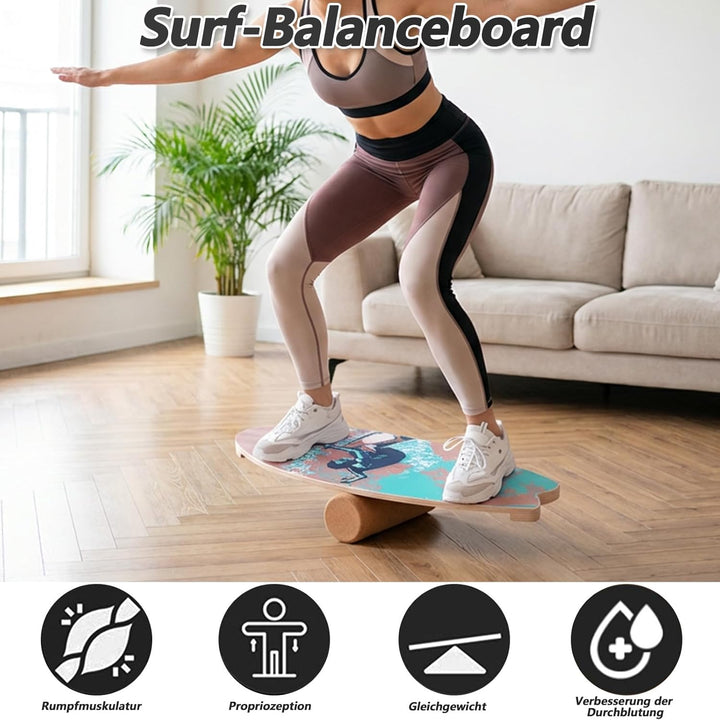 Surfin Balance Board, Balance Board Erwachsene mit Rolle, Balance Board Holz, Rutschfest, 150 Kg Bel