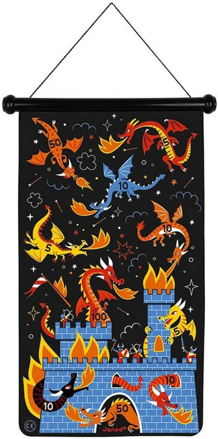 Janod - Magnetisches Dartspiel mit dem Thema Drachen und Ritter - Vorderseite/Rückseite Geschicklich