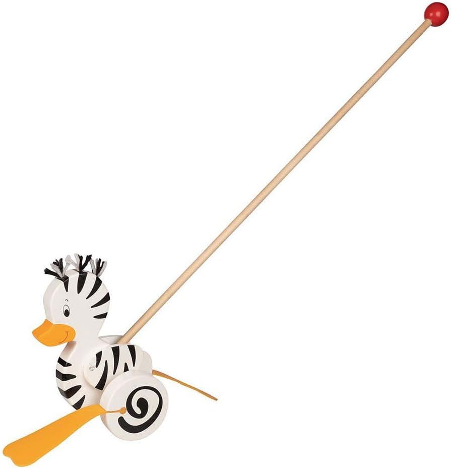 goki 54959 Schiebetier Zebra-Ente, 16 x 12 x 59 cm, Holz, Lauflernspielzeug mit watschelnden Gummifü