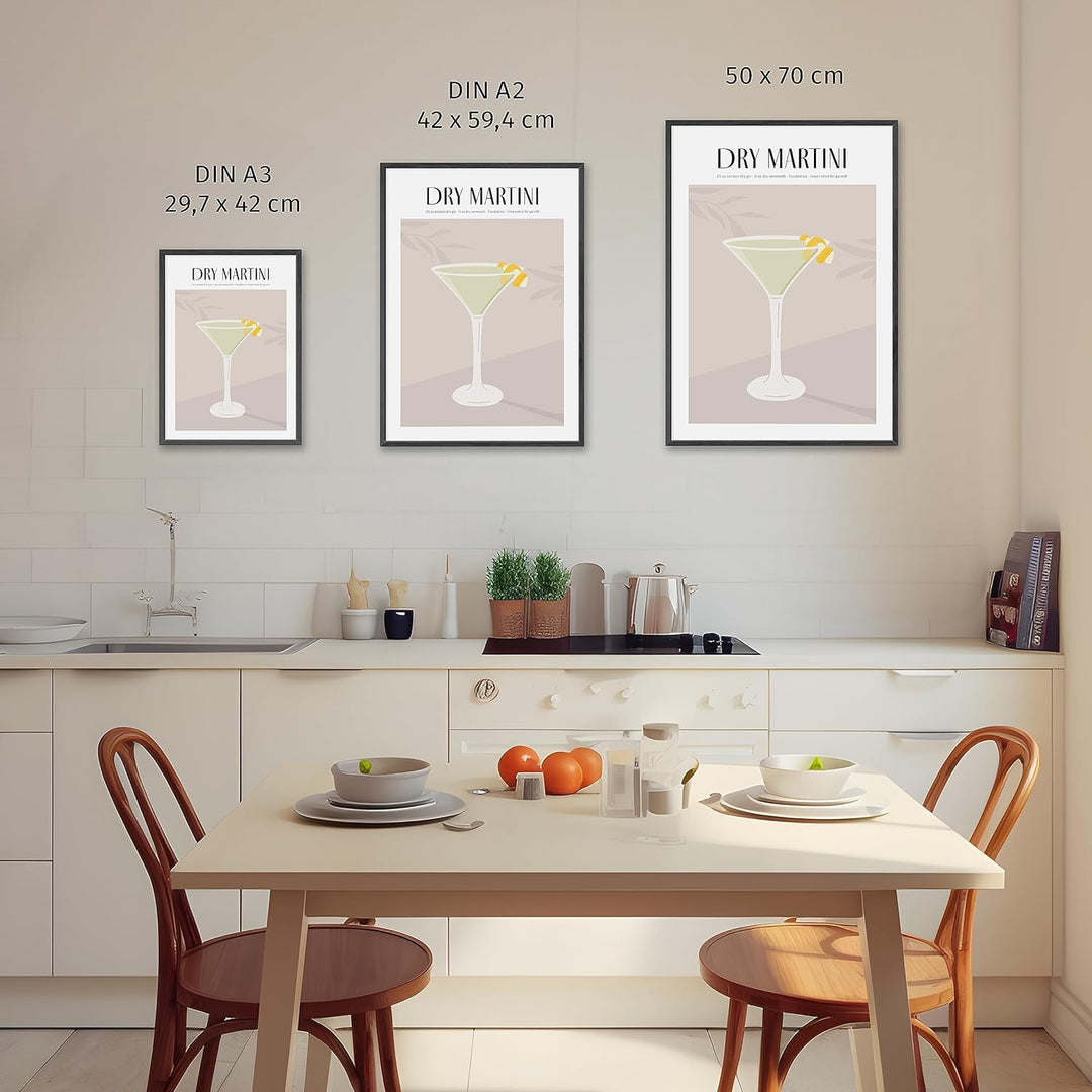 JUNOMI® Dry Martini Poster DIN A2, Cocktail, Longdrink, Bar, Getränke, Cocktail Set | Mit Rahmen Nat